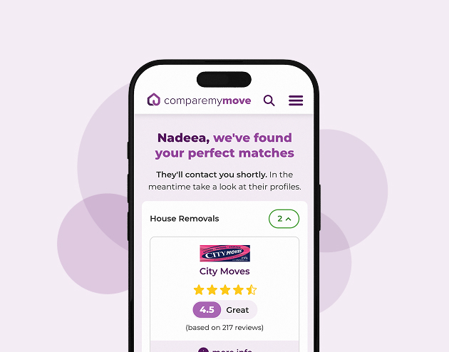 Smartphone showing Compare My Move removal company match results.